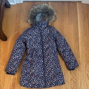 Lands' End Kids Multicolor Puffer Jacket with Faux Fur Hood and faux fur lining